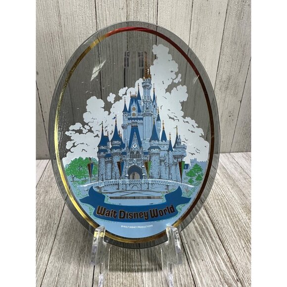 Vintage Walt Disney World Cinderella's Castle Souvenir Plate Oval Glass 1970's - Picture 1 of 5